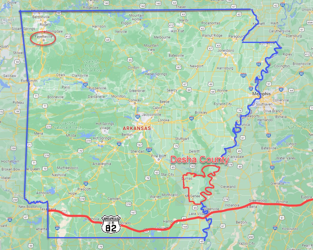 Arkansas with relative positions of Desha County, Fayetteville and Hwy 82